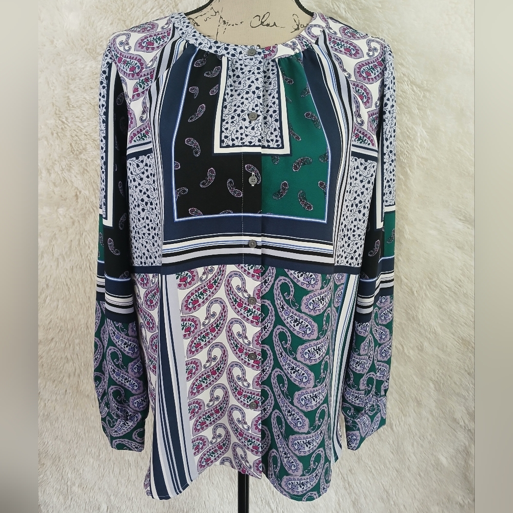 LOFT Semi Sheer Paisley Stripe Button Up Blouse